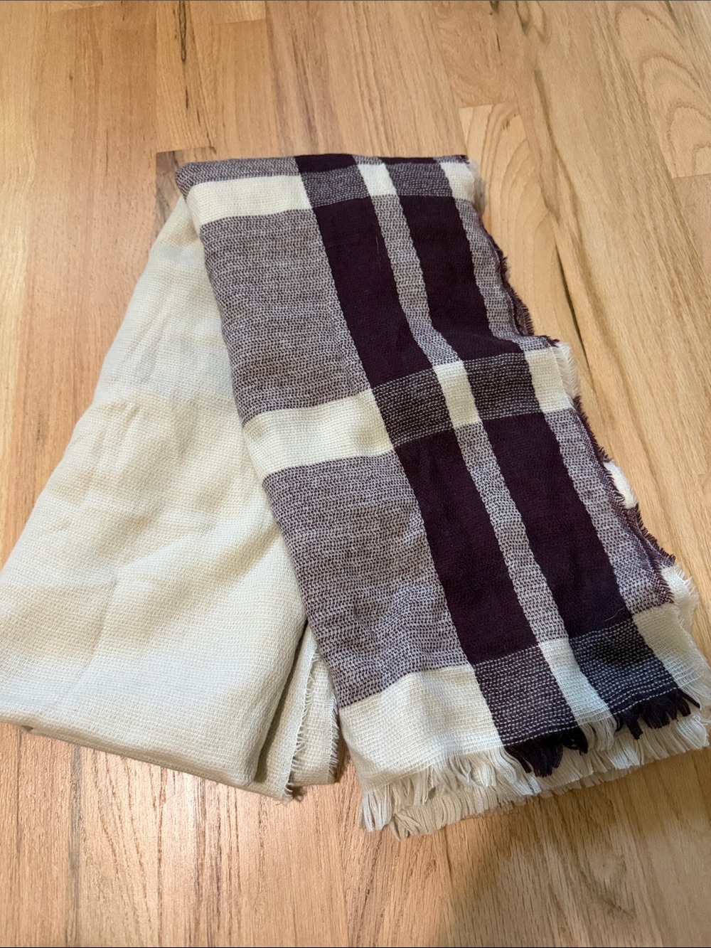 Cream and Burgundy Plaid blanket scarf